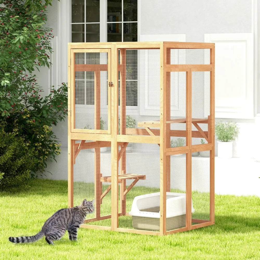Wooden Cat Enclosure | Outdoor Patio Shelter with Window & Hammock | EarthPawColletive