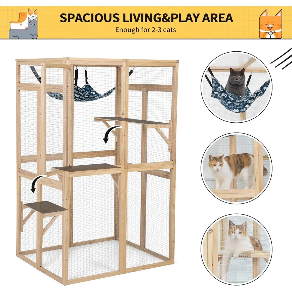 Wooden Cat Enclosure | Outdoor Patio Shelter with Window & Hammock | EarthPawColletive