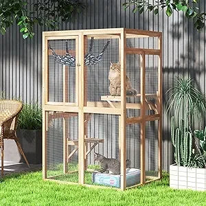 Wooden Cat Enclosure | Outdoor Patio Shelter with Window & Hammock | EarthPawColletive