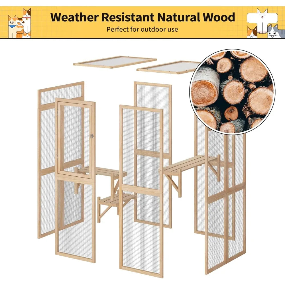 Wooden Cat Enclosure | Outdoor Patio Shelter with Window & Hammock | EarthPawColletive
