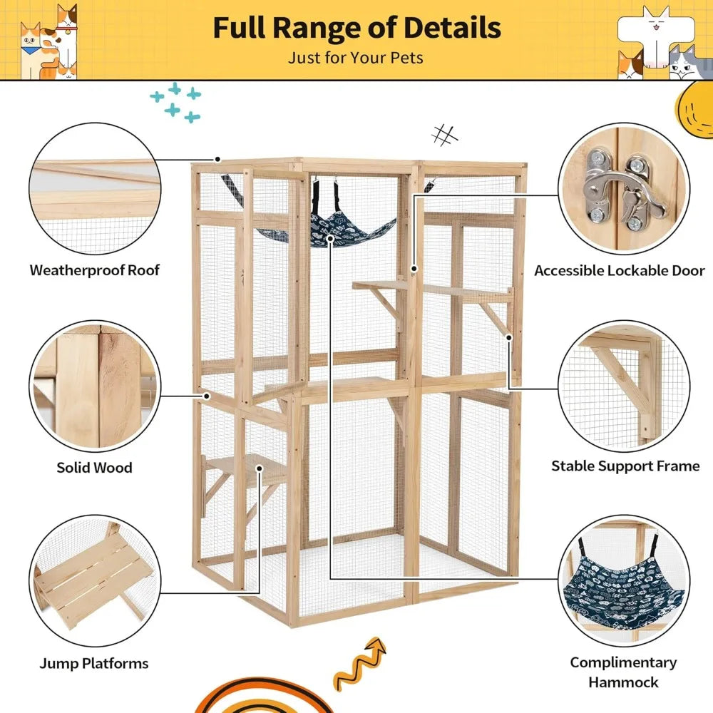 Wooden Cat Enclosure | Outdoor Patio Shelter with Window & Hammock | EarthPawColletive