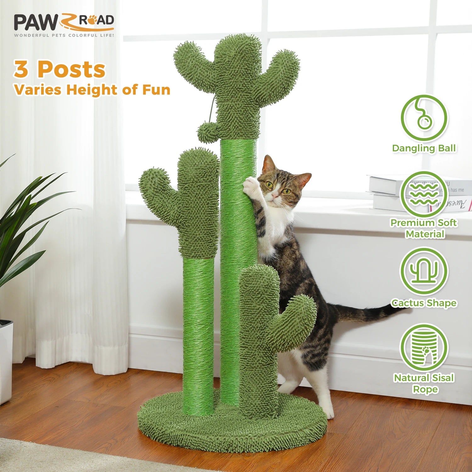 Cactus Cat Scratching Post | 3 Sisal Poles & Dangling Ball | Indoor Cat Toy | EarthPawColletive