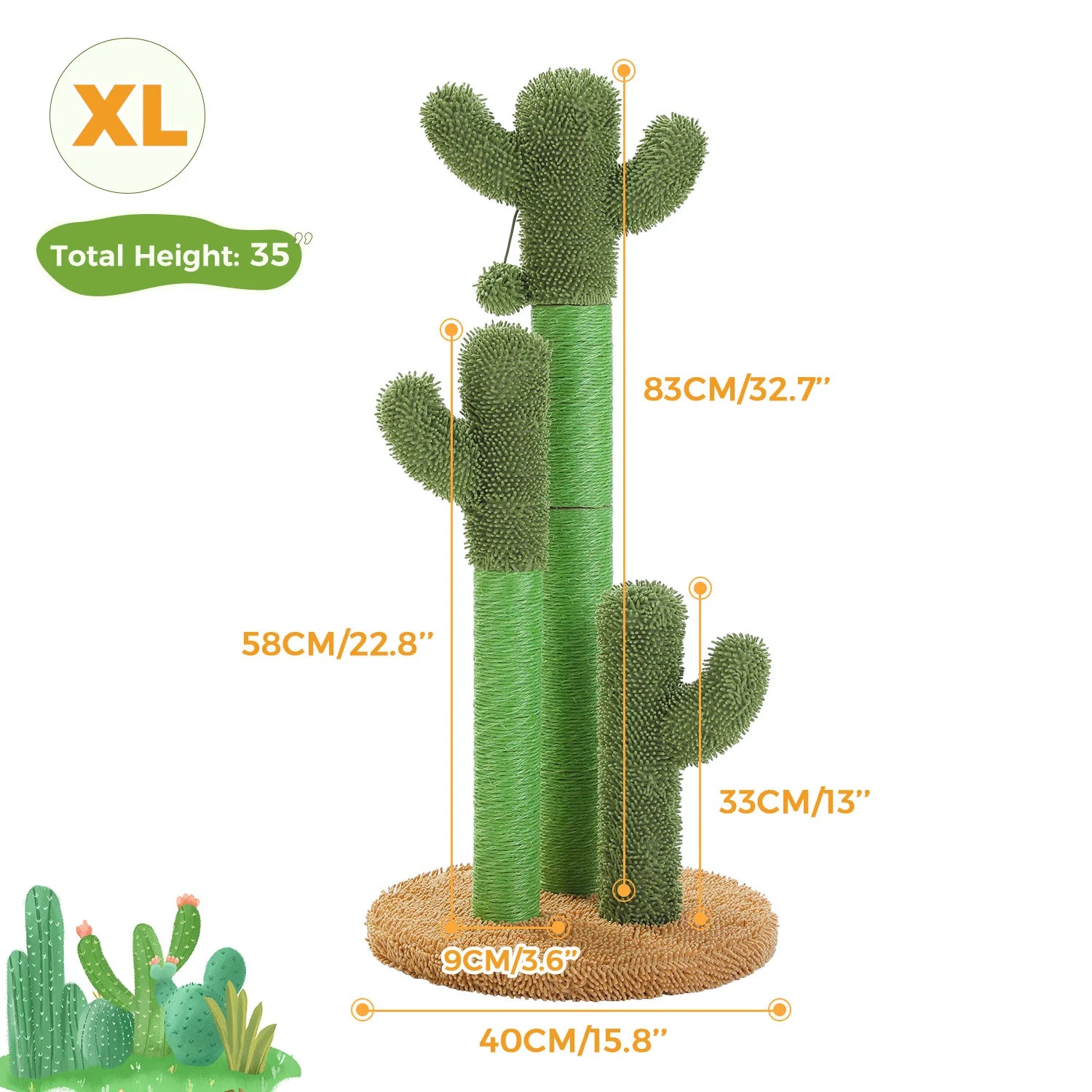 Cactus Cat Scratching Post | 3 Sisal Poles & Dangling Ball | Indoor Cat Toy | EarthPawColletive