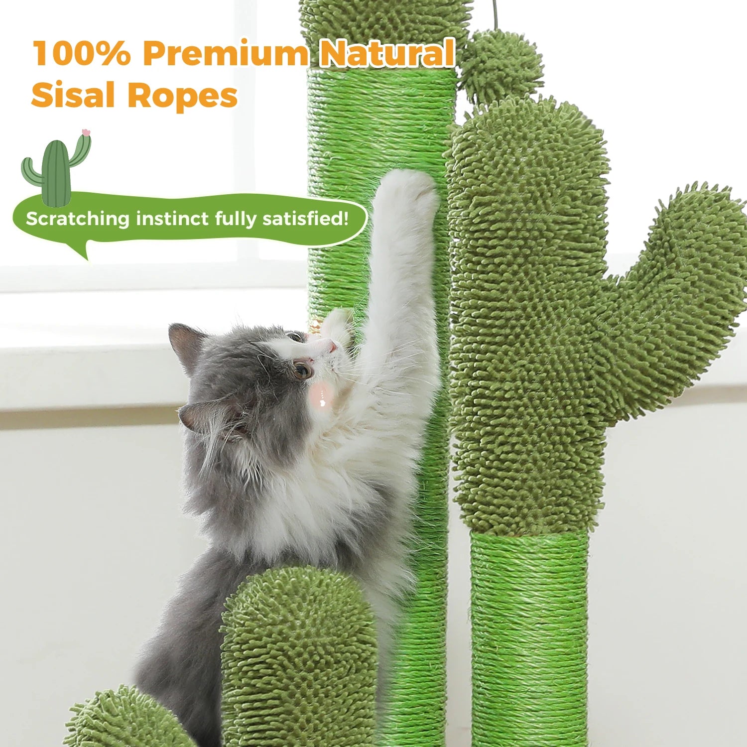 Cactus Cat Scratching Post | 3 Sisal Poles & Dangling Ball | Indoor Cat Toy | EarthPawColletive